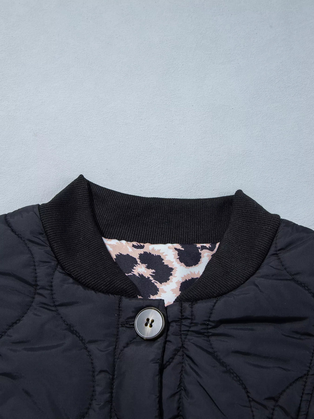 Leopard Cuff Quilted Puffer Jacket in Black