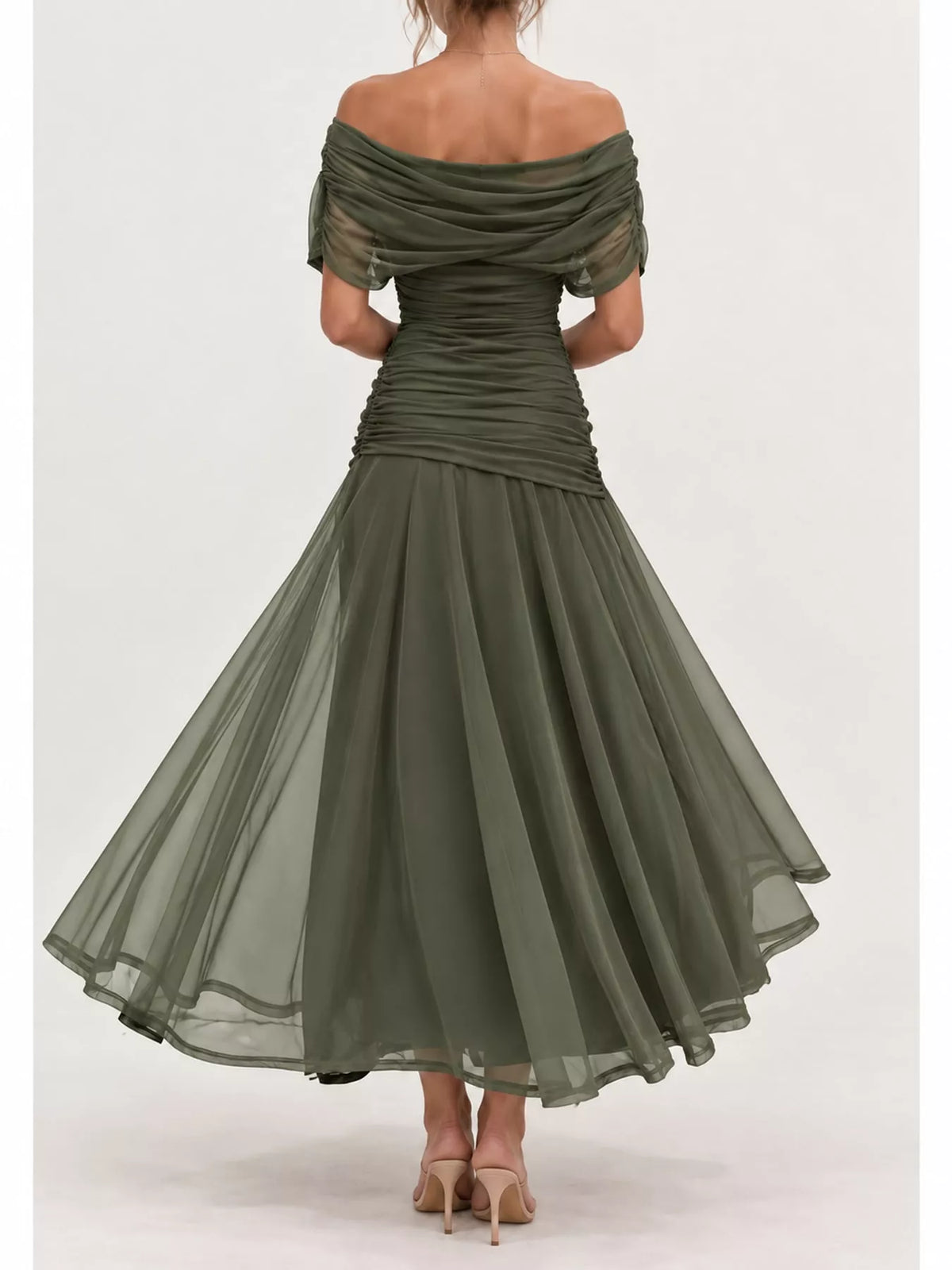 Off-Shoulder Ruched Tulle Evening Maxi Dress