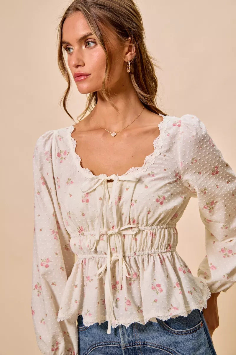 So Me Floral Clip Dot Lace Trim Blouse in White