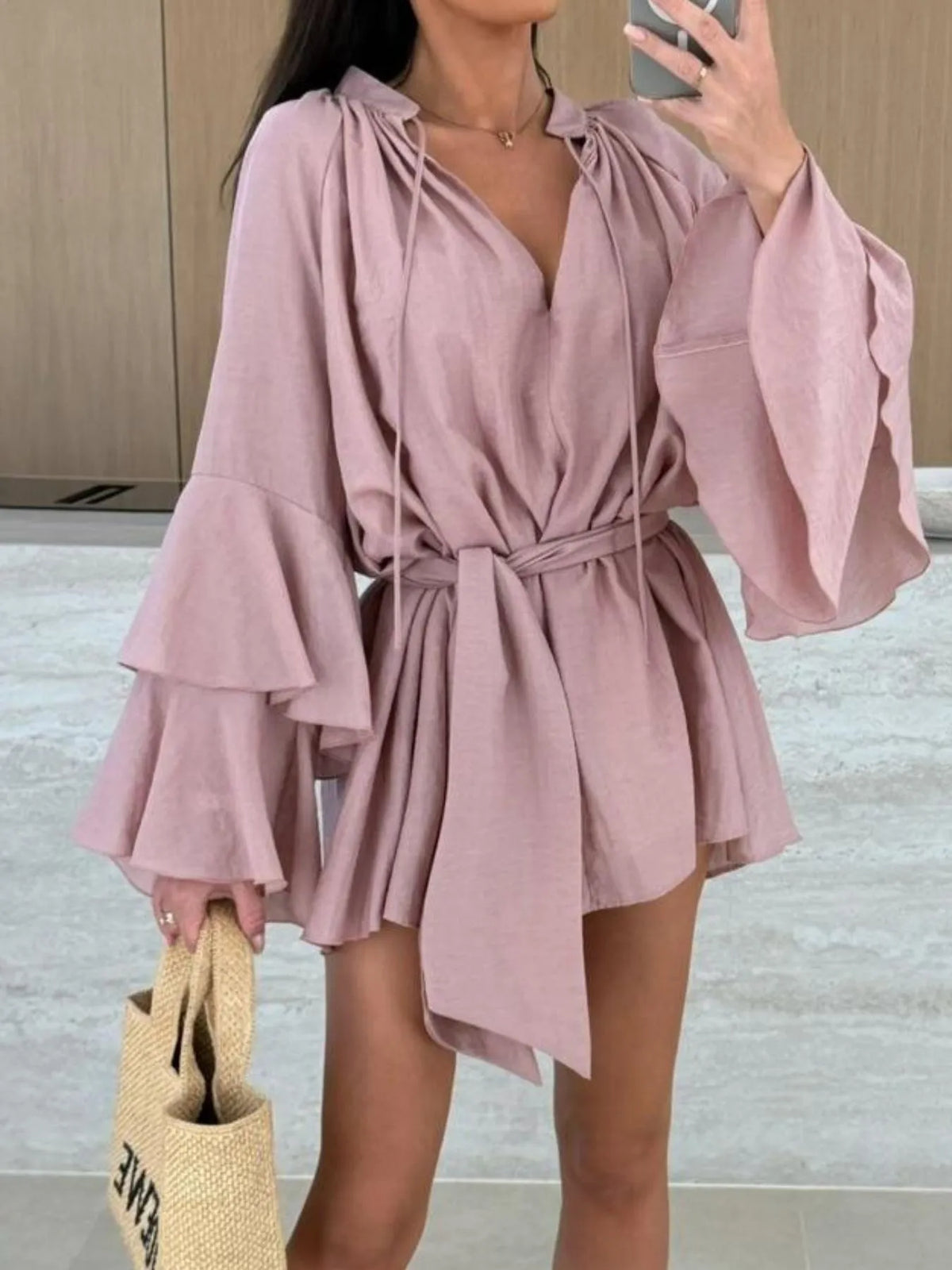 Bell Sleeve Tie-Waist Mini Shirt Dress
