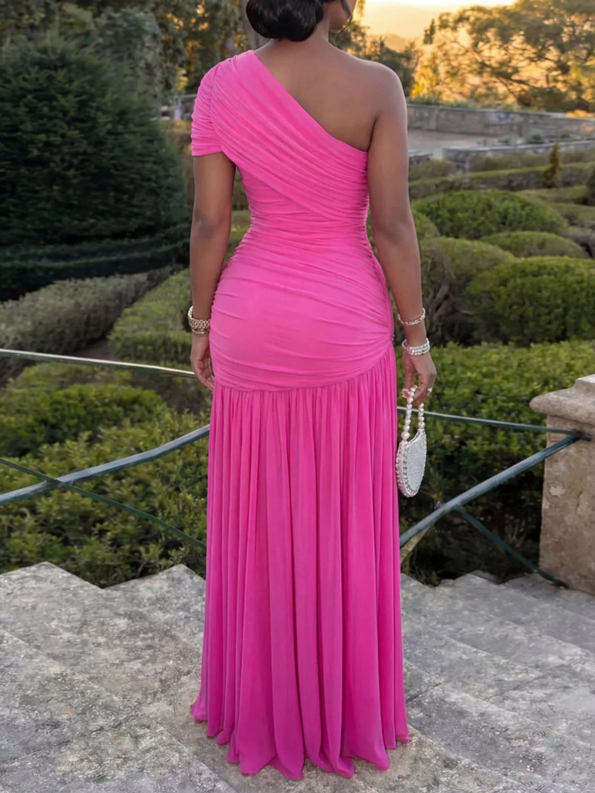 One-Shoulder Ruched High-Slit Evening Dress