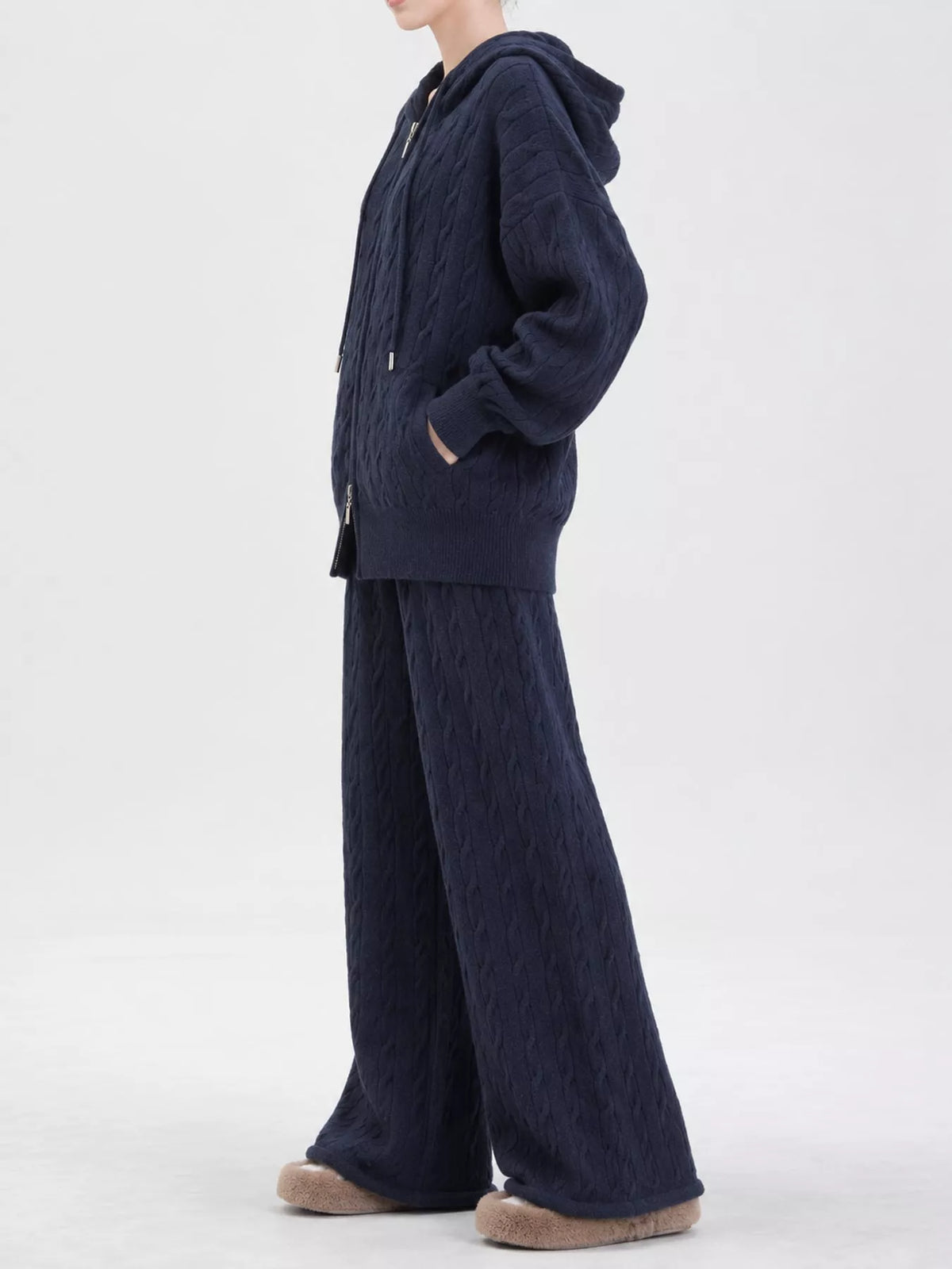 Cable Knit Zip-Up Hooded Cardigan and Wide-Leg Pants Set