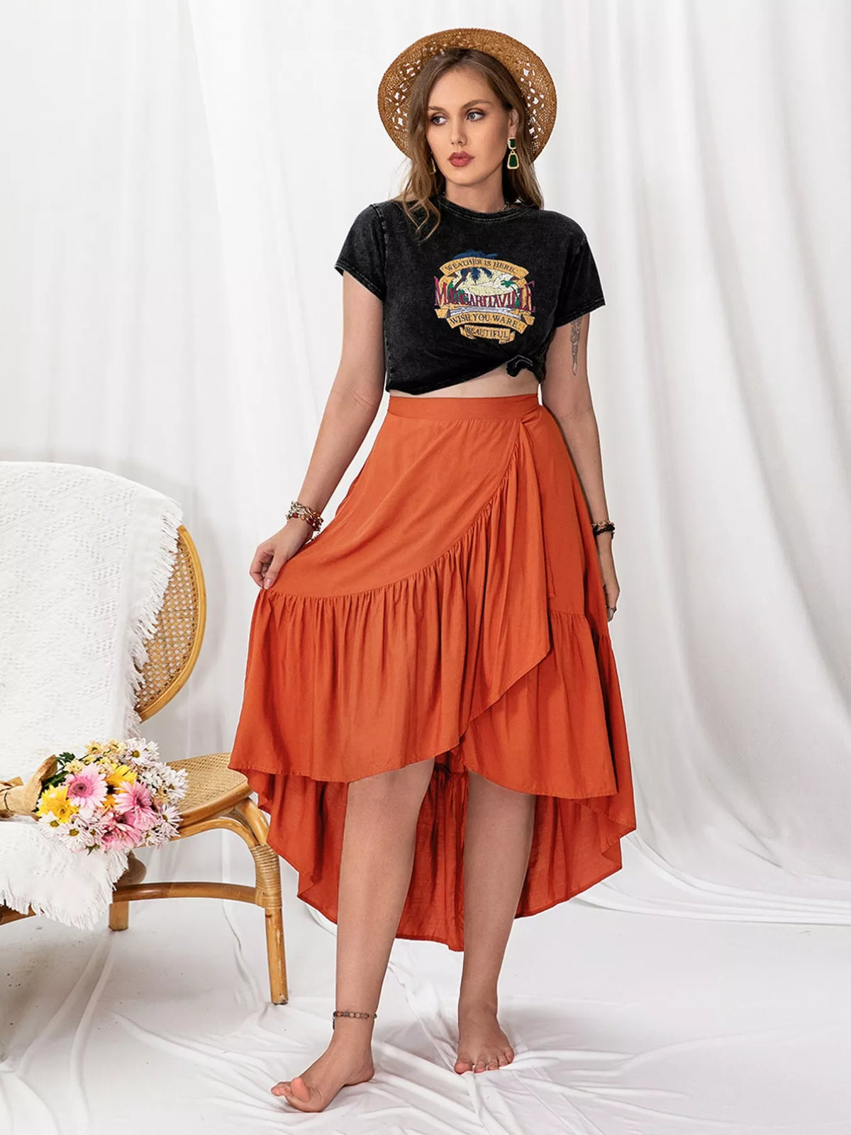 Orange Plus Size Ruffled High-Low Skirt
