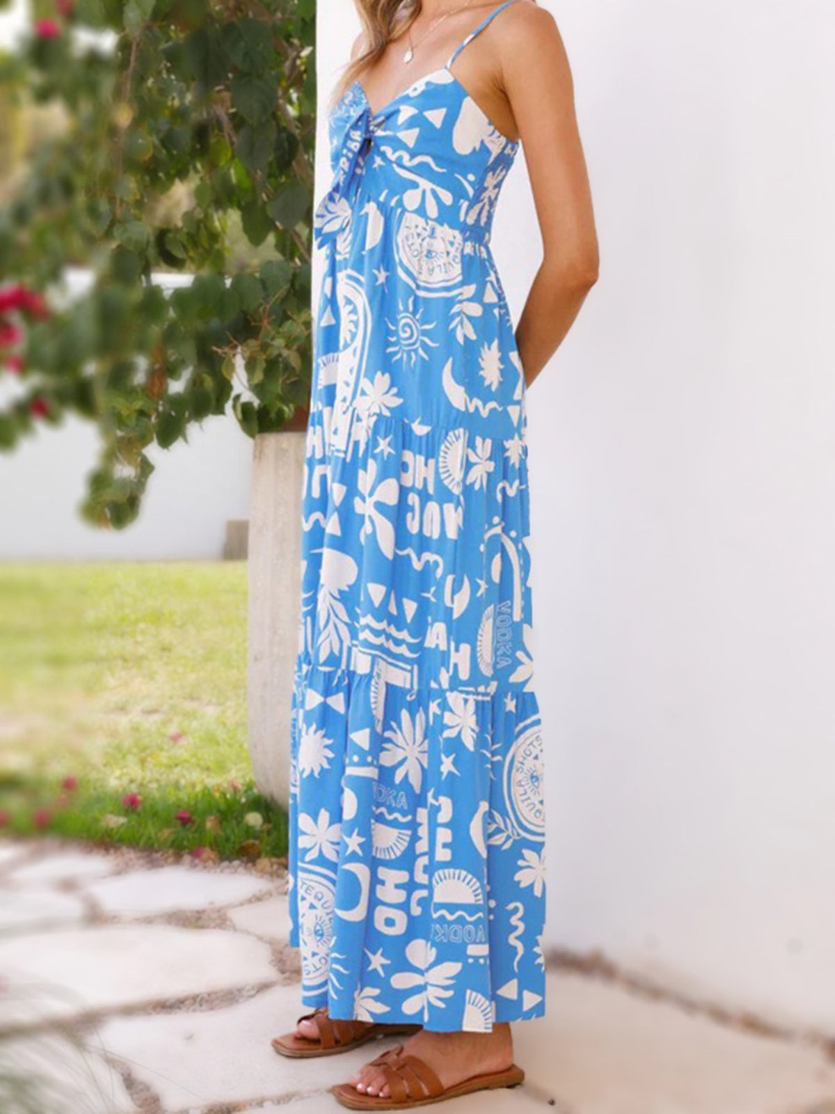 Printed Tie-Front Maxi Dress in Light Blue