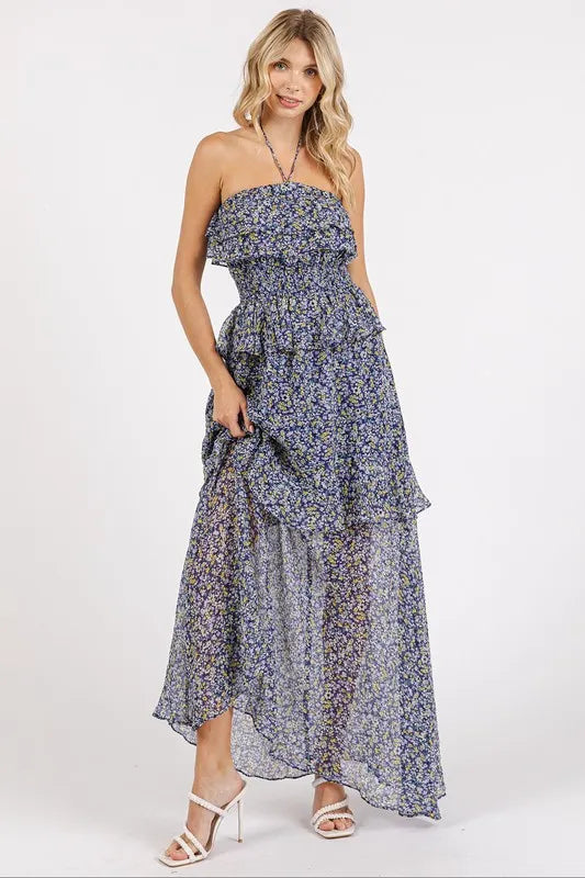 Ruffled Smocked Halter Maxi Dress in Dark Navy by Mittoshop