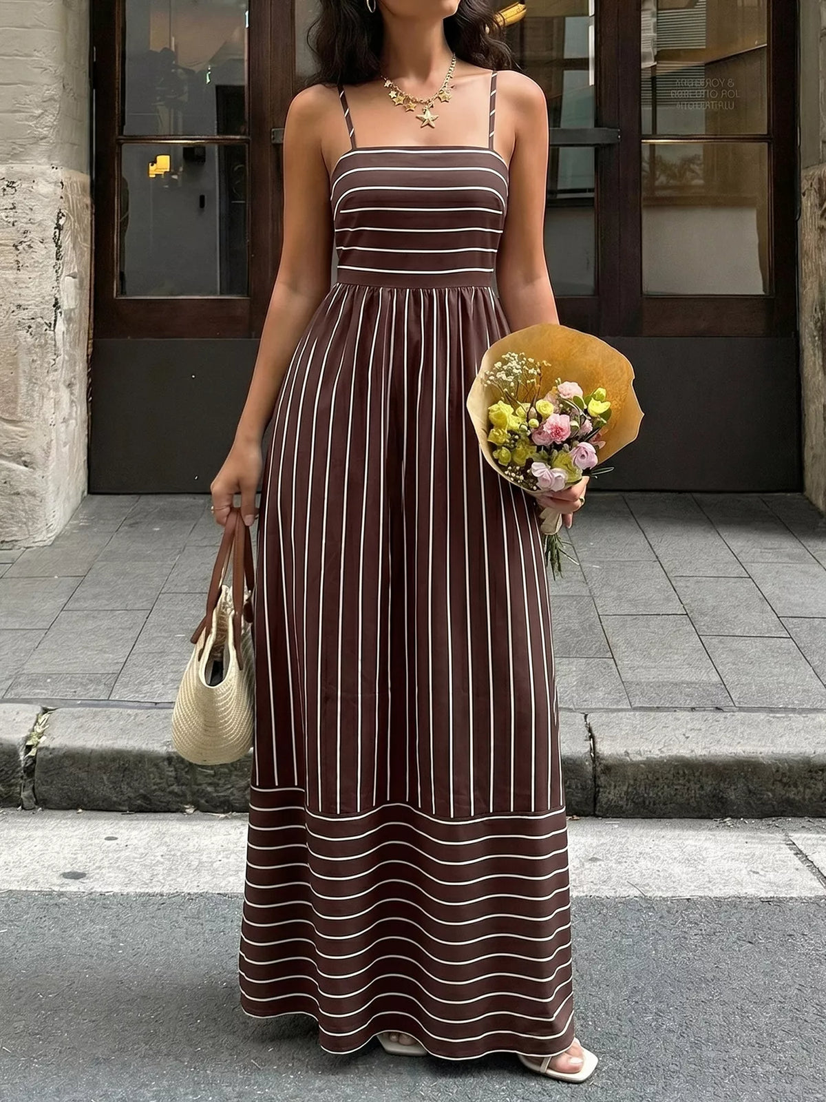 Striped Spaghetti Strap Maxi Dress with Cutout