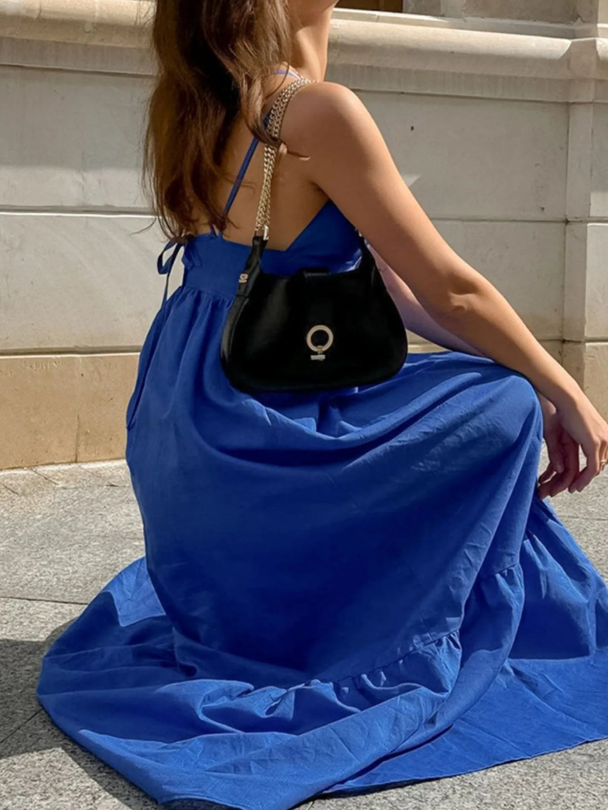 V-Neck Tiered Maxi Cami Dress in Blue