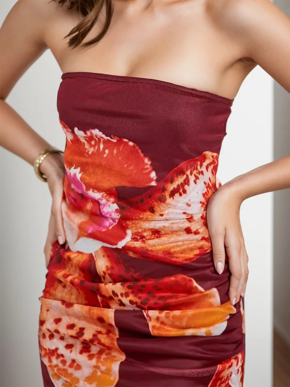 Printed Tube Maxi Dress in Burgundy