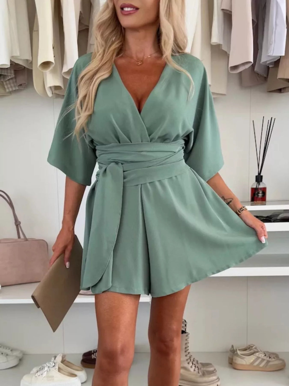 Belted Surplice Tie-Waist Romper