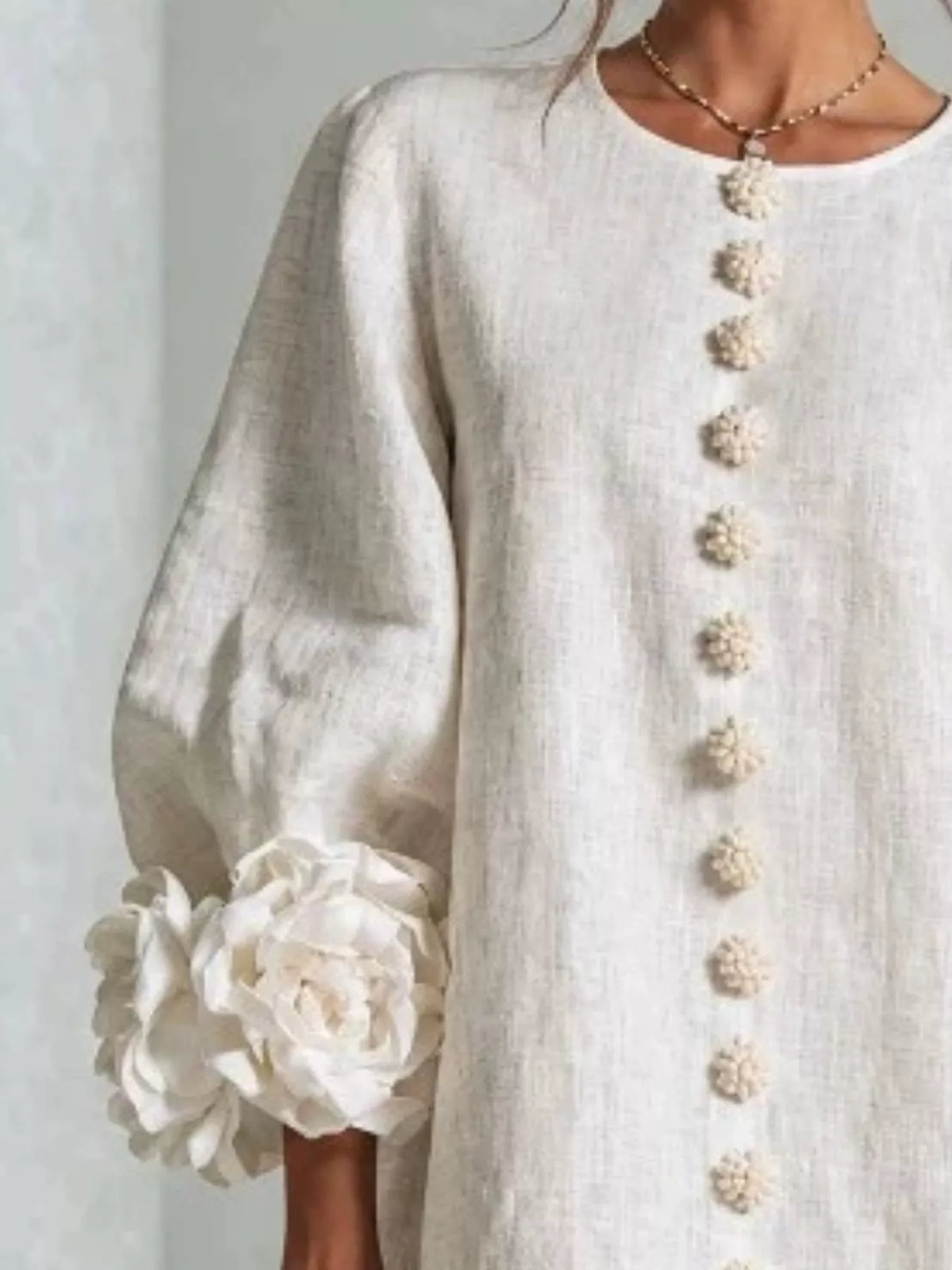 3D Floral Sleeve Round Neck Dress, Plus Size