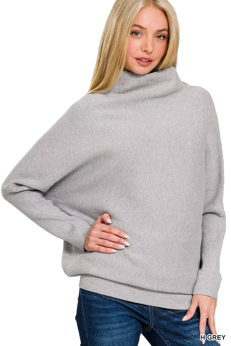 Zenana Dolman Sleeve Mock Neck Sweater in Heather Grey in H grey