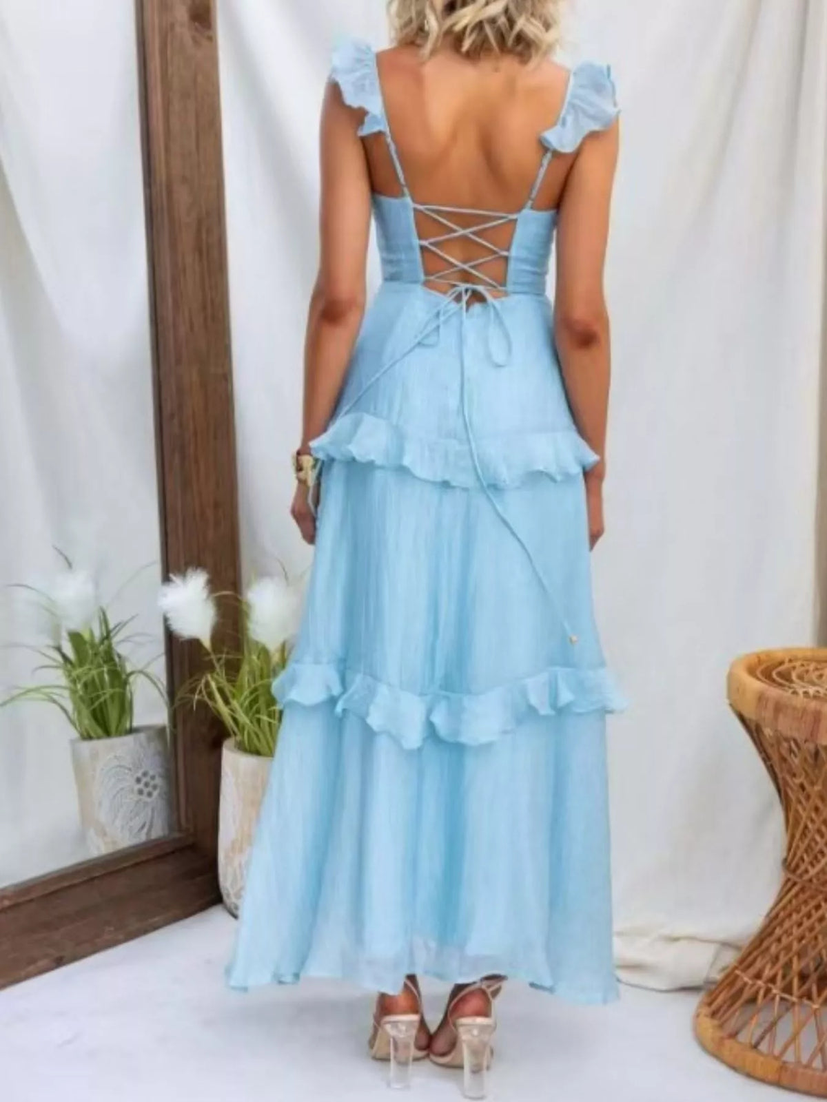 Ruffled Lace-Up Back Maxi Dress in Aqua