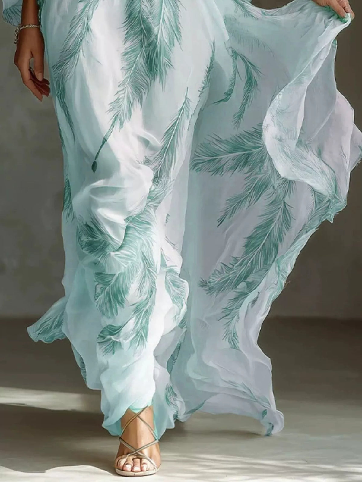 Feather Print V-Neck Flowy Maxi Dress
