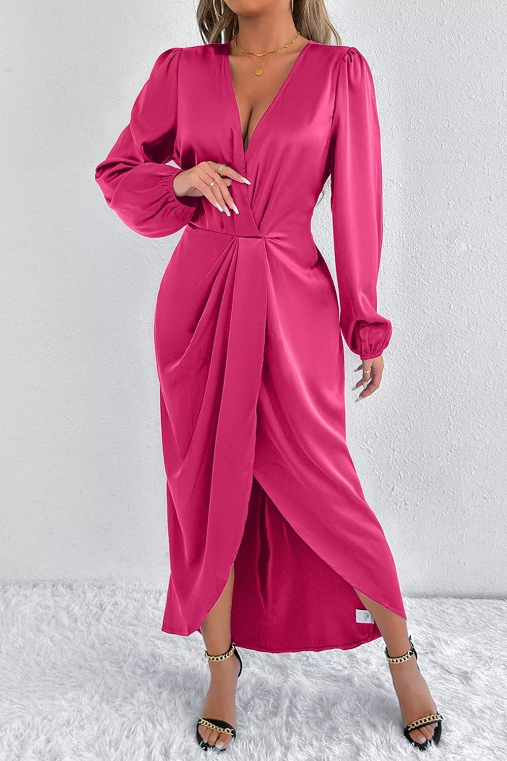 Satin Balloon Sleeve Midi Dress with Side Split