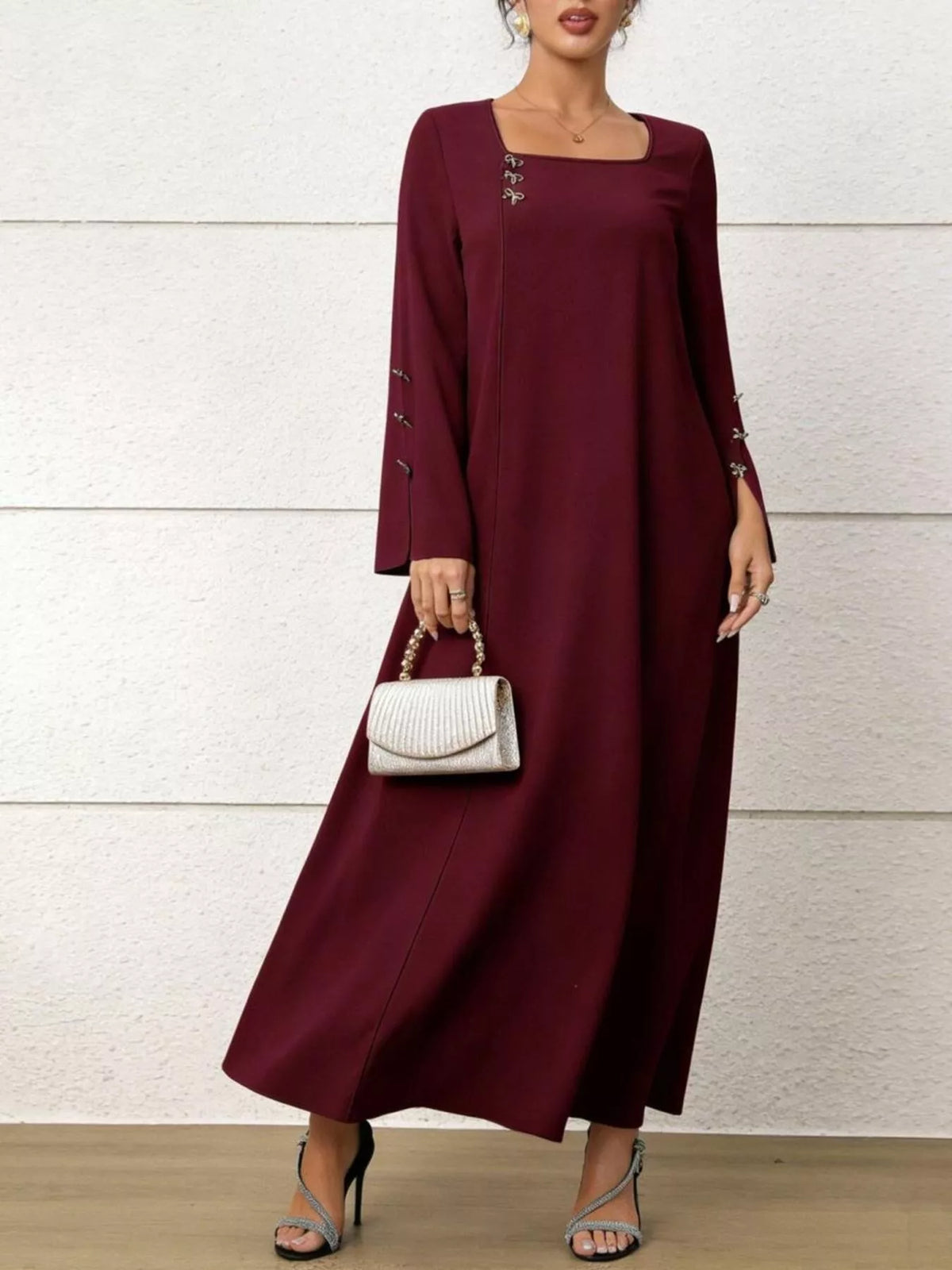 Square Neck Flare Sleeve Maxi Dress in Burgundy