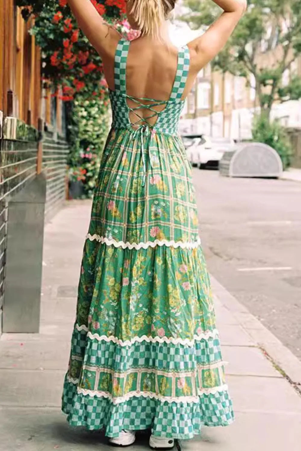 Backless Square Neck Tiered Dress in Green by Shenori