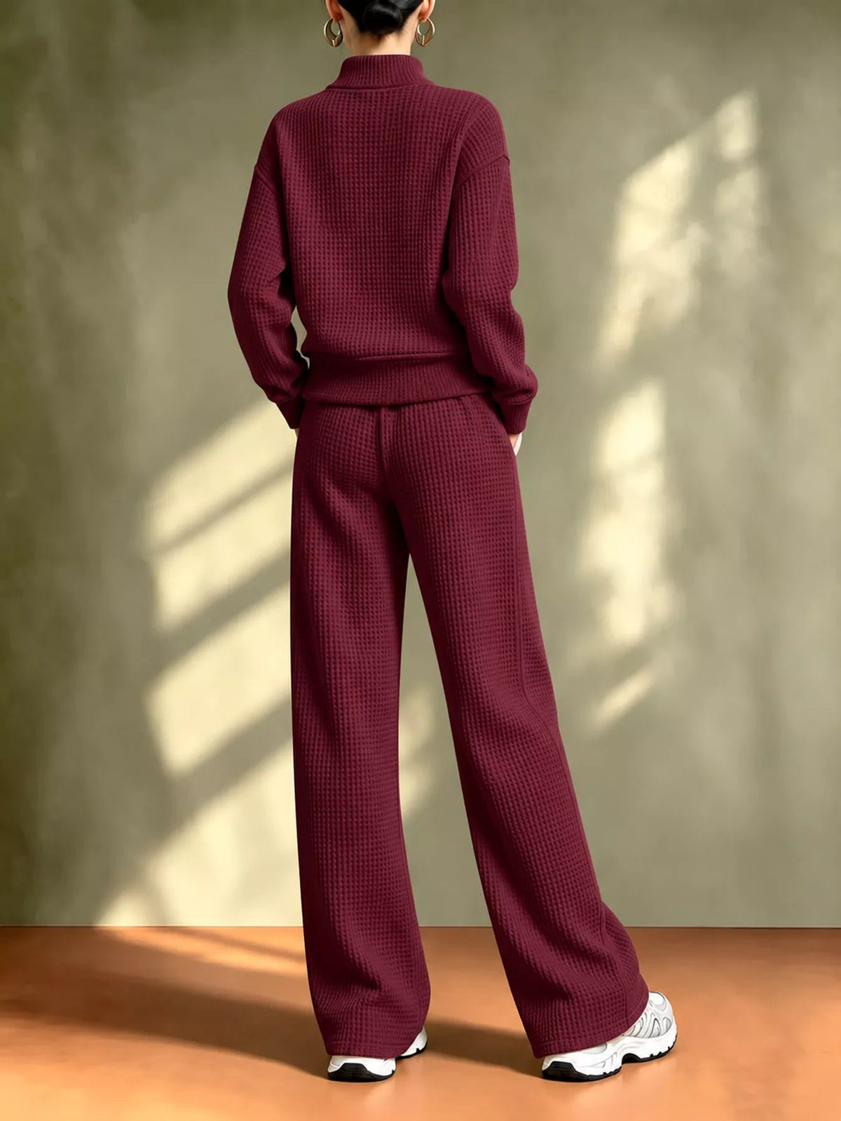 Waffle Knit Button-Up and Wide-Leg Pants Set
