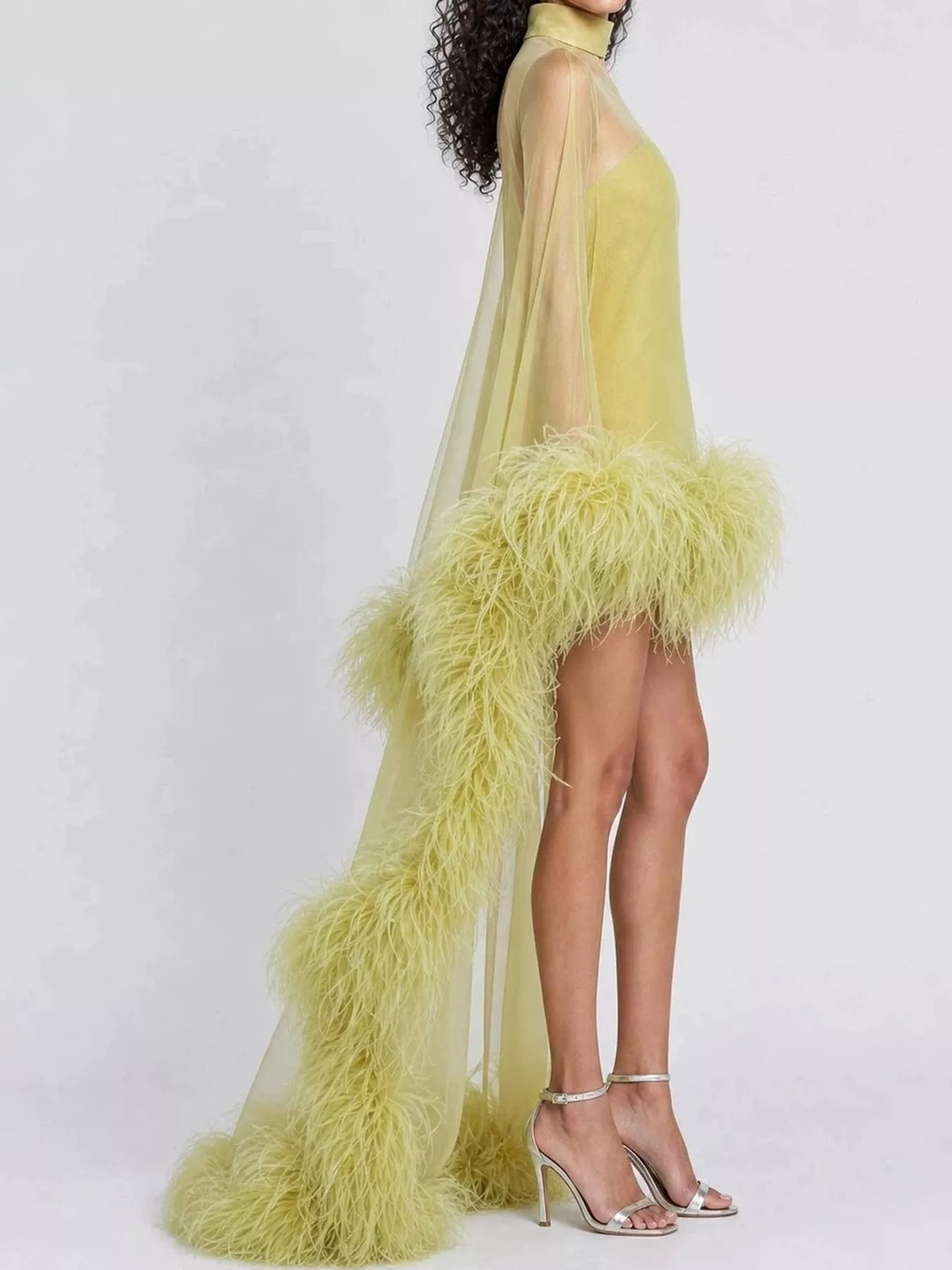 Feather-Trimmed Mini Dress in Green