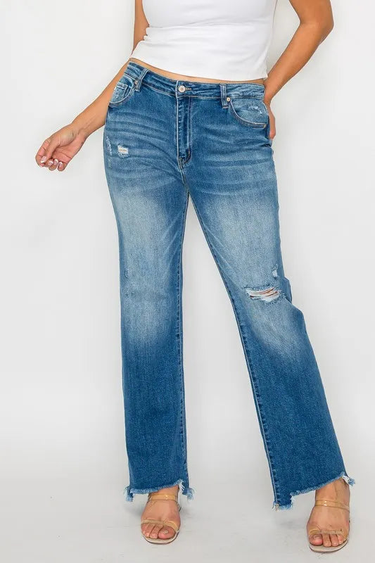 Raw Hem Distressed Mid Rise Straight Jeans in Medium Wash