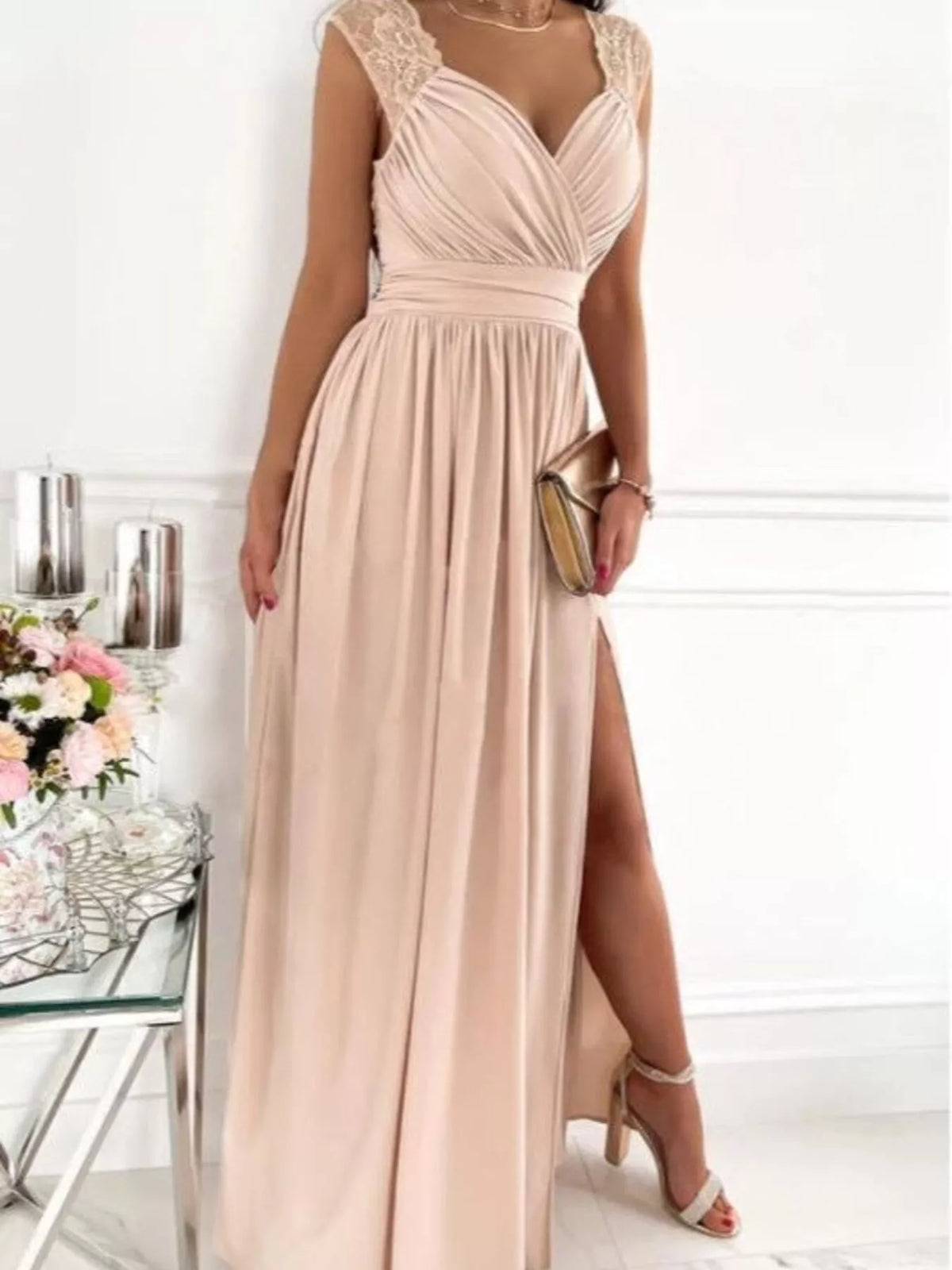 Lace Detail High Slit Maxi Dress