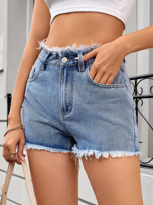 Washed Raw Hem Denim Shorts by Moni Wear