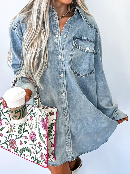 Raw Hem Denim Shirt Dress in Light Blue