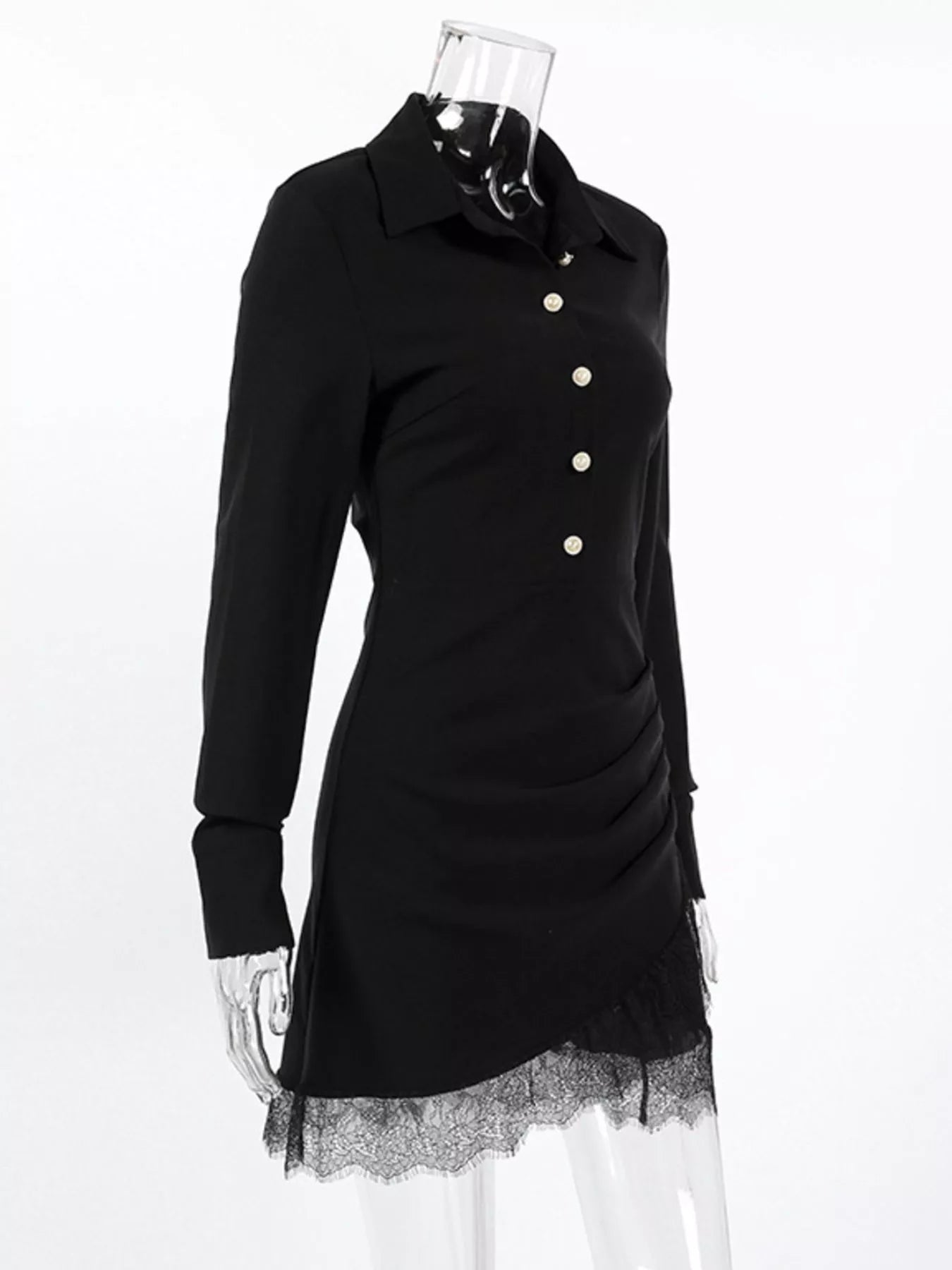 Long Sleeve Shirt Dress with Lace Hem in Black