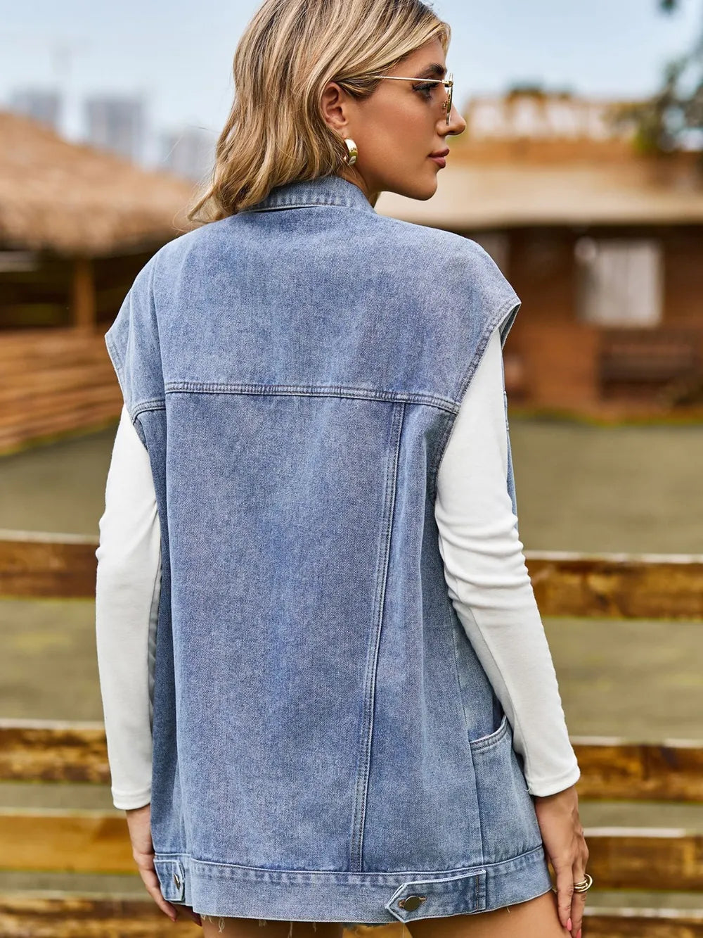 Collared Sleeveless Denim Jacket with Button-Up Front by Manny