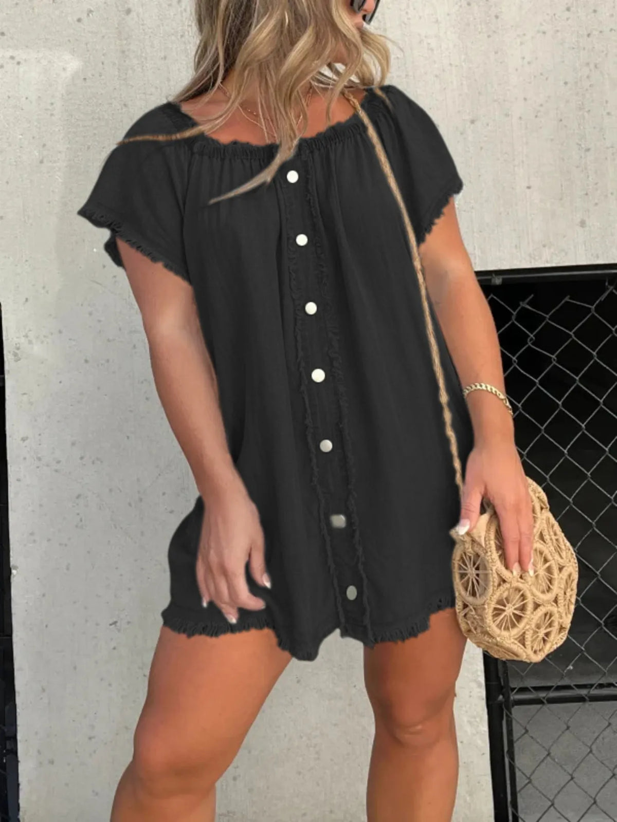Button-Front Raw Hem Mini Denim Dress