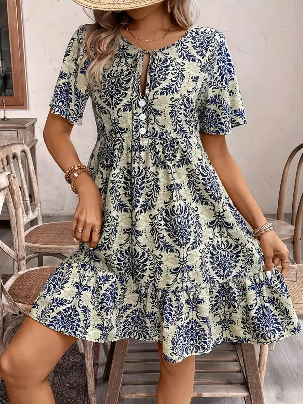 Printed Tie-Neck Short Sleeve Dress