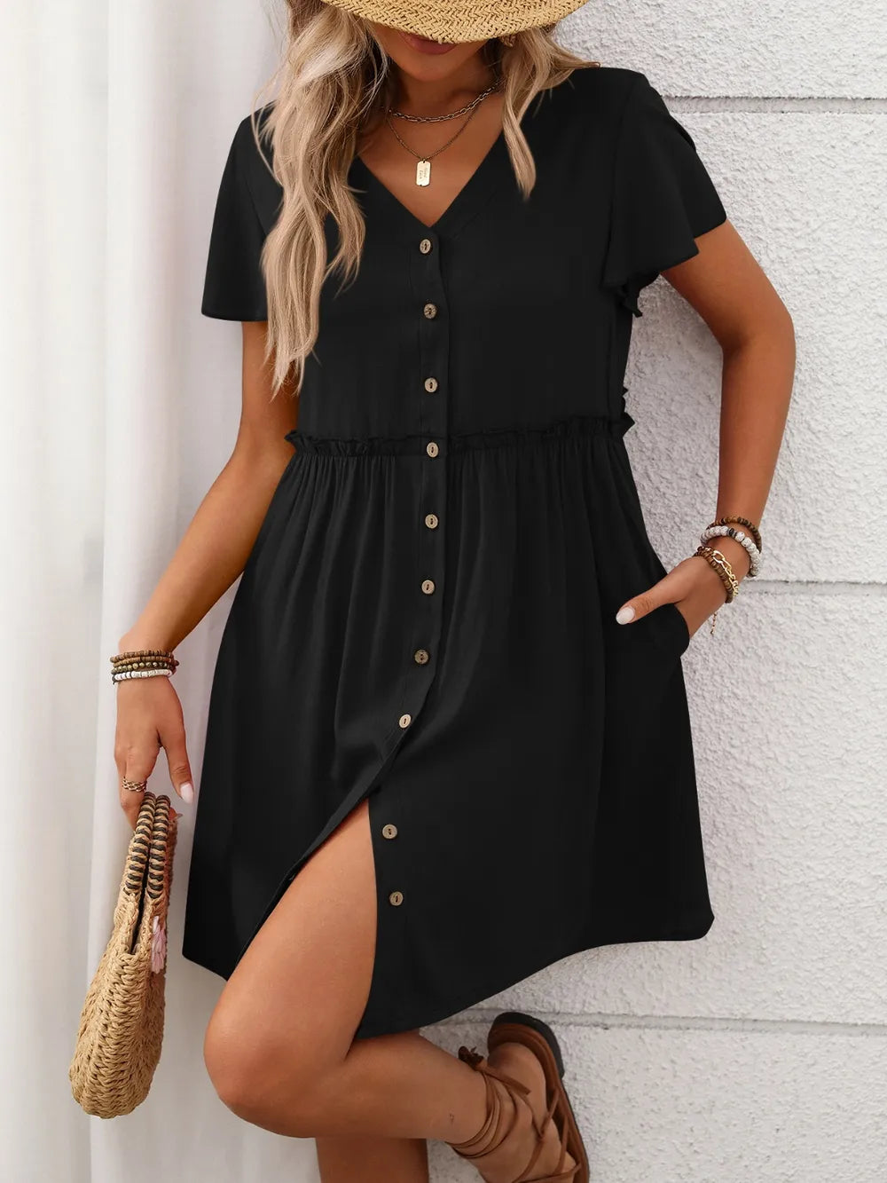 Button Front Flutter Sleeve Dress with Frill Detail