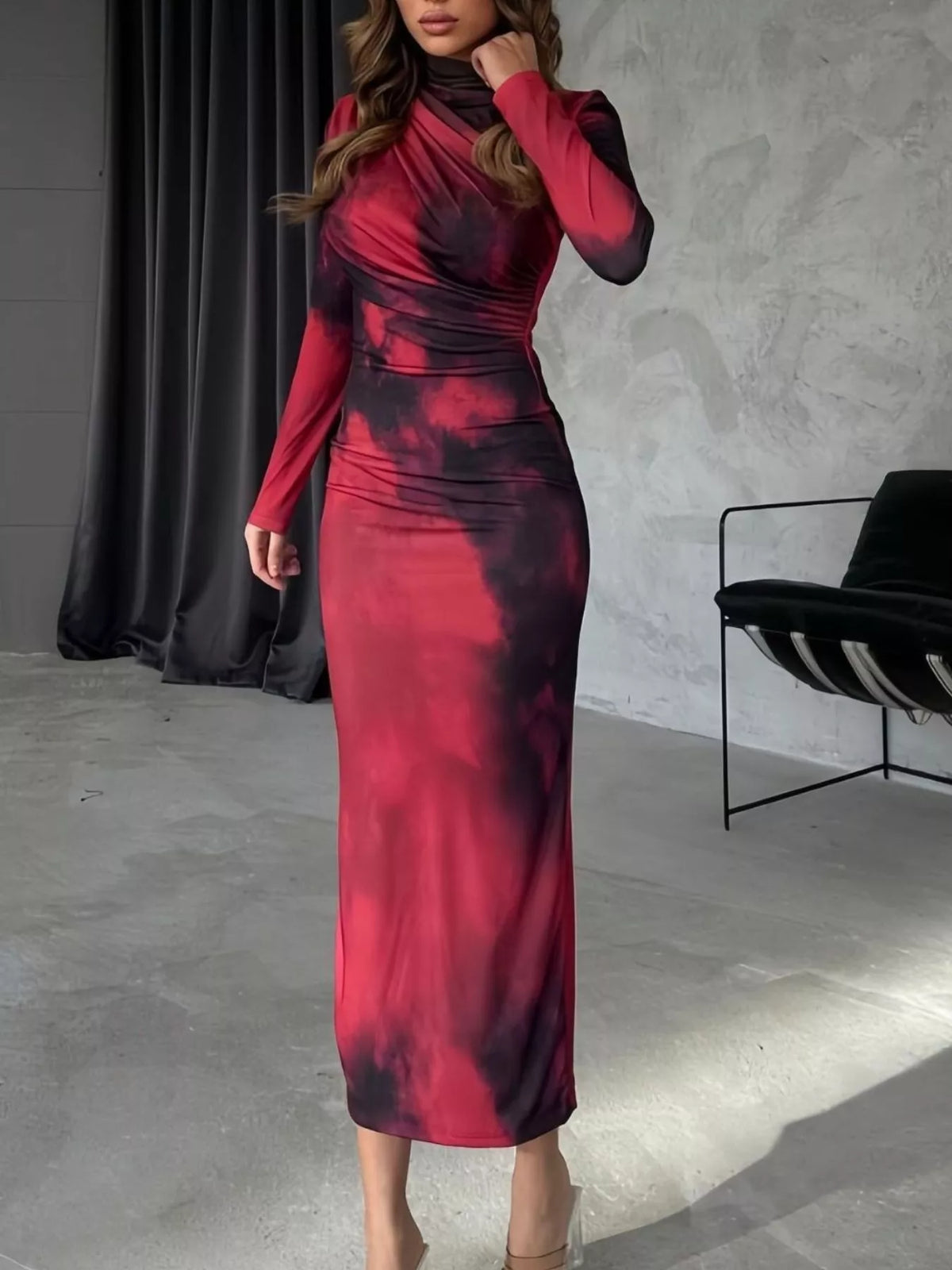 Mock Neck Long Sleeve Tie-Dye Bodycon Dress in Red