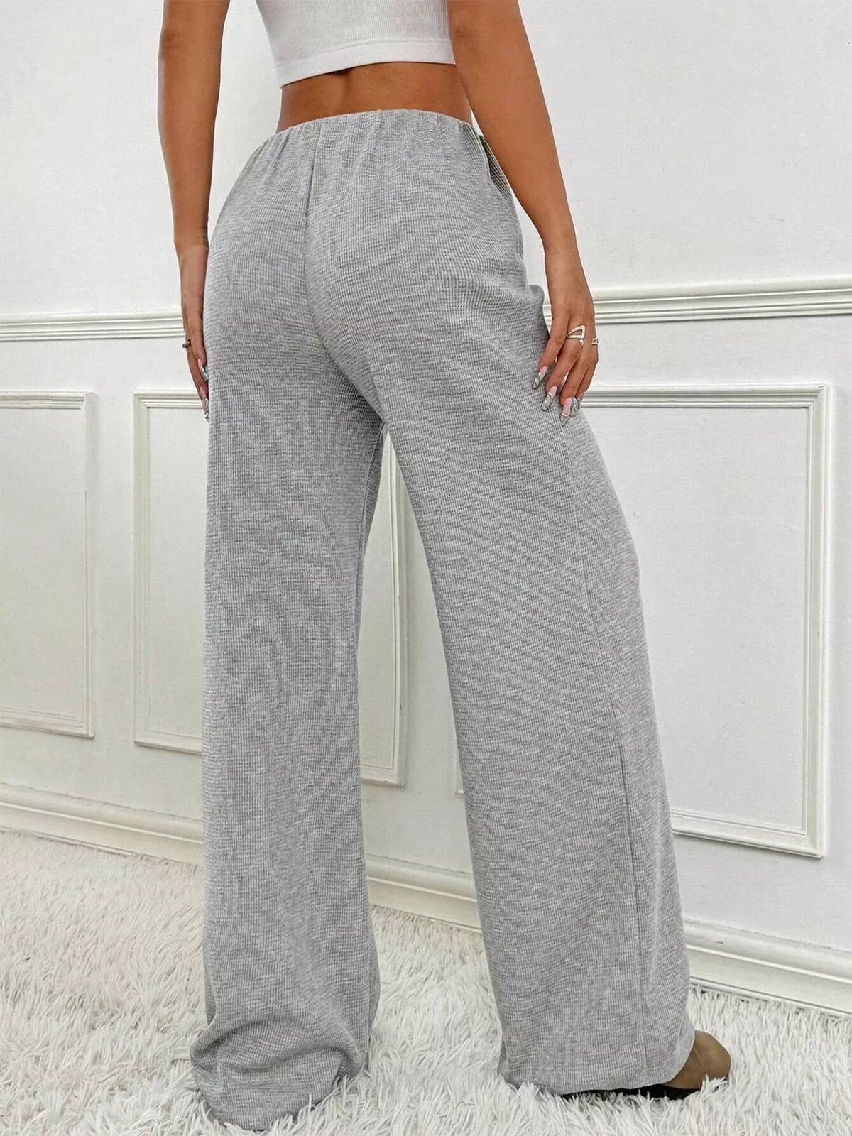 Ribbed Knit Drawstring Wide-Leg Pants