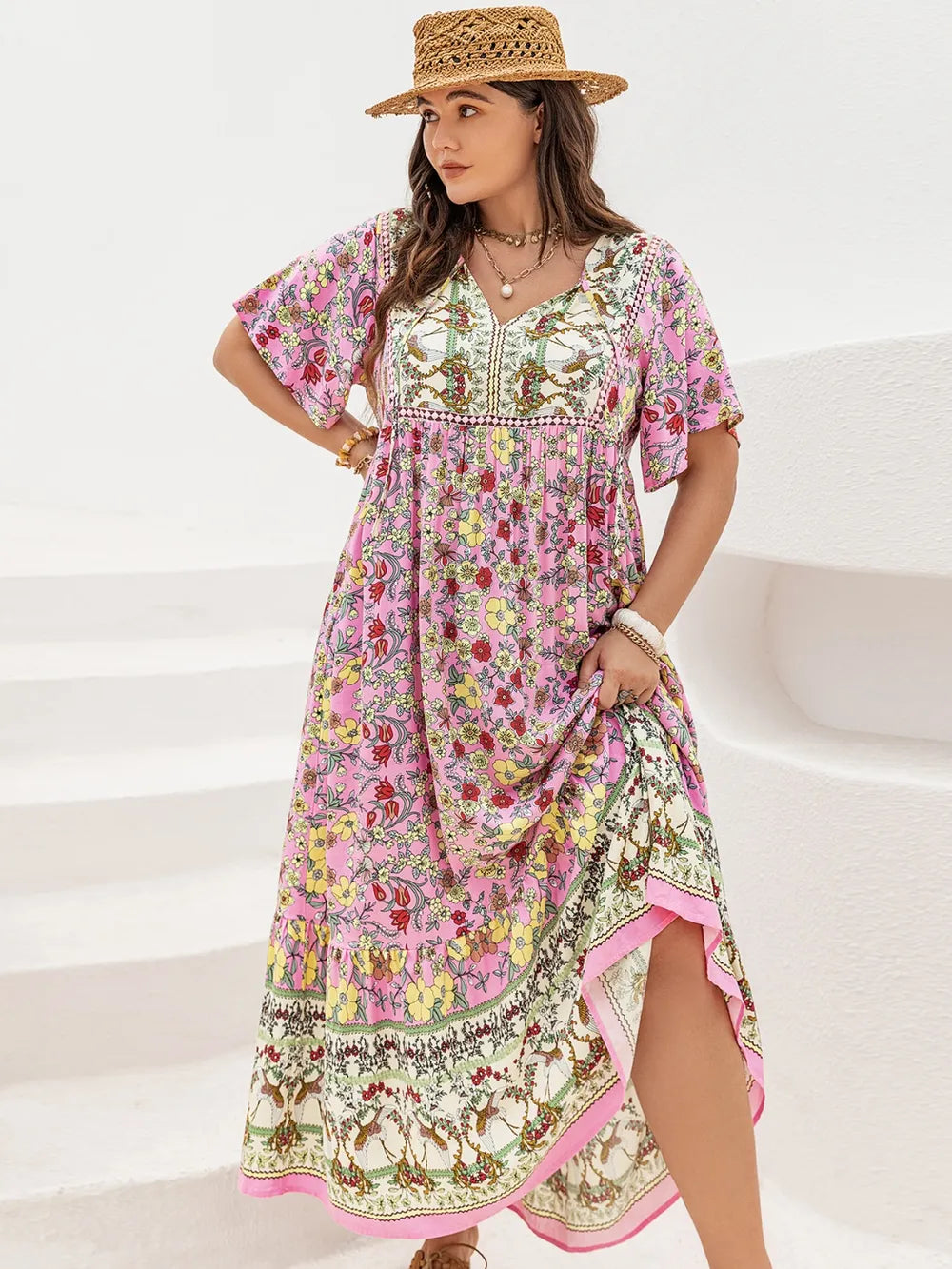 Floral Tie-Neck Flutter Sleeve Maxi Dress in Blush Pink