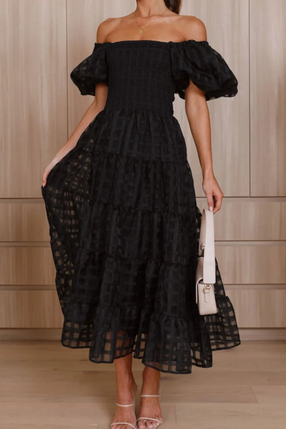 Off Shoulder Puff Sleeve Midi Dress