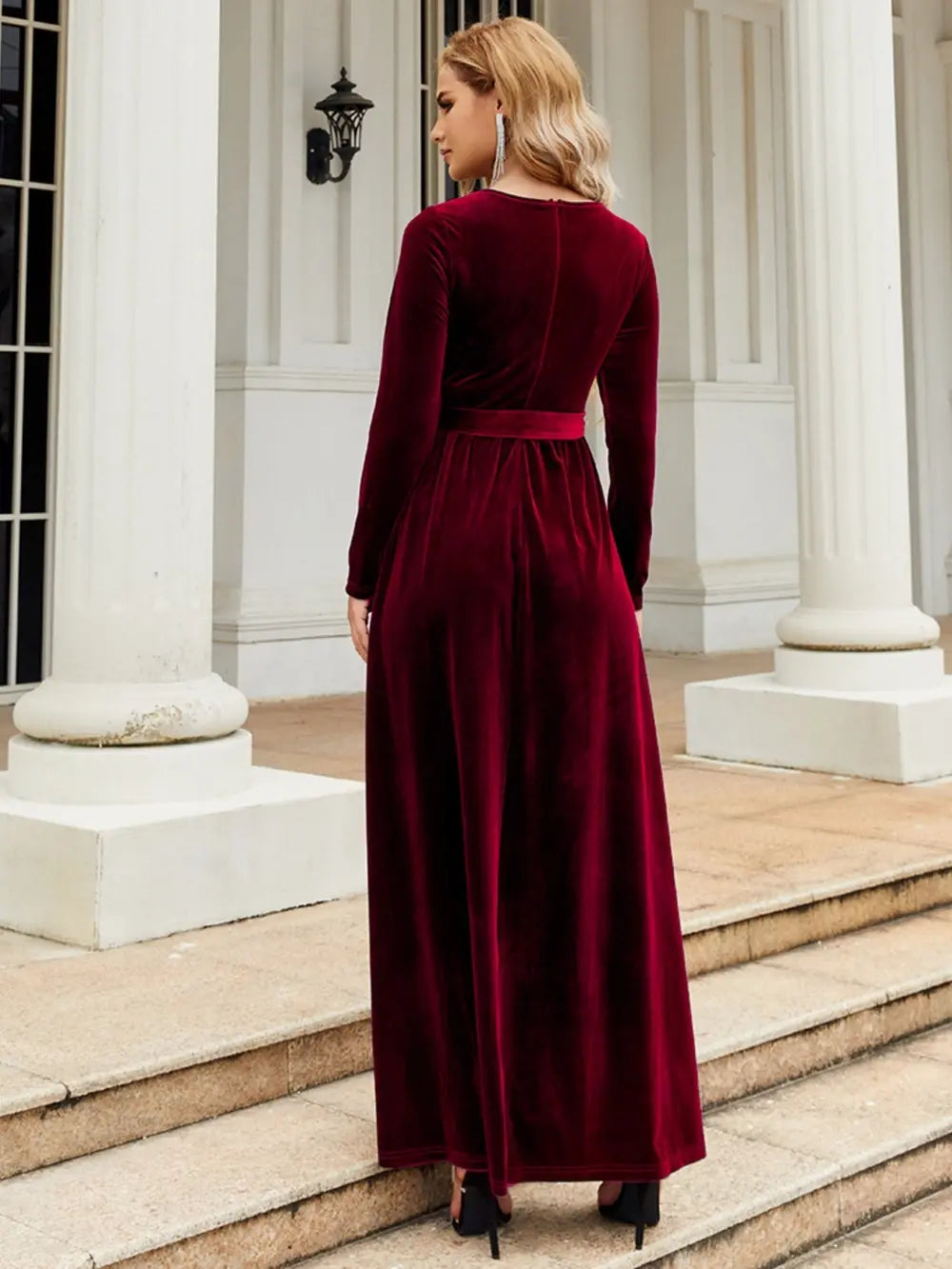Tie-Front Round-Neck Long-Sleeve Maxi Dress