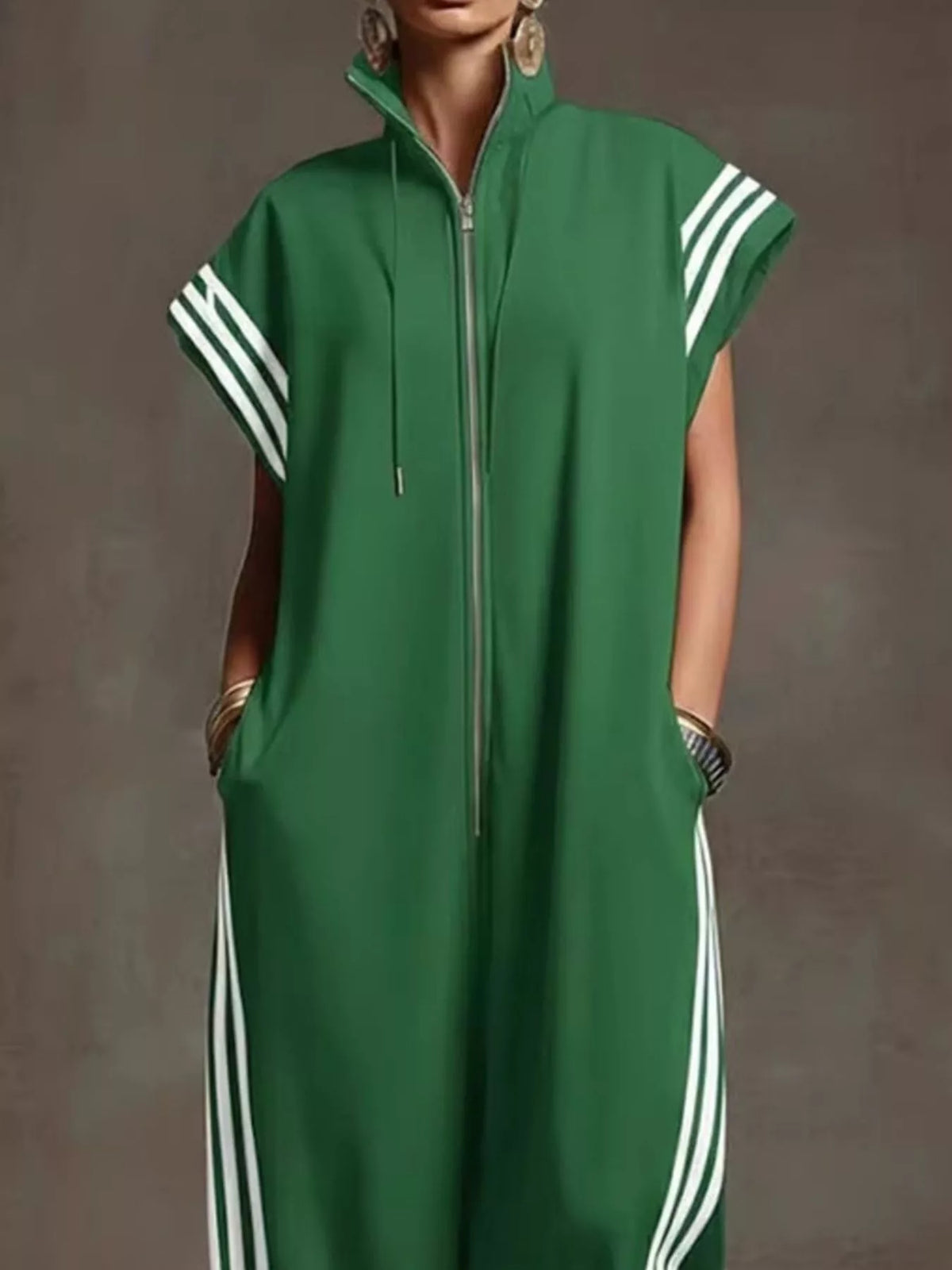 Side Stripe Zip-Front Wide-Leg Jumpsuit