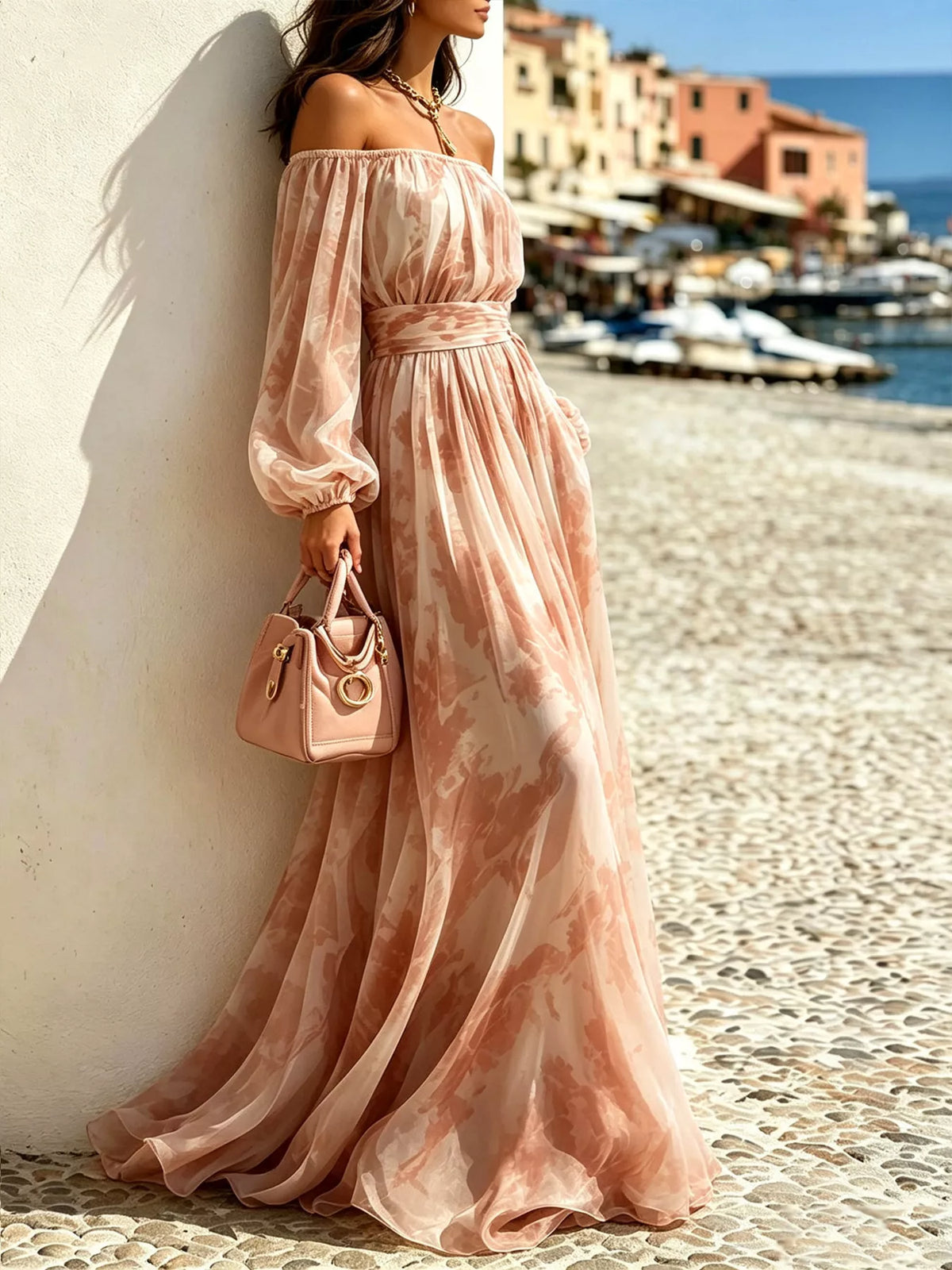 Off-Shoulder Balloon Sleeve Maxi Dress