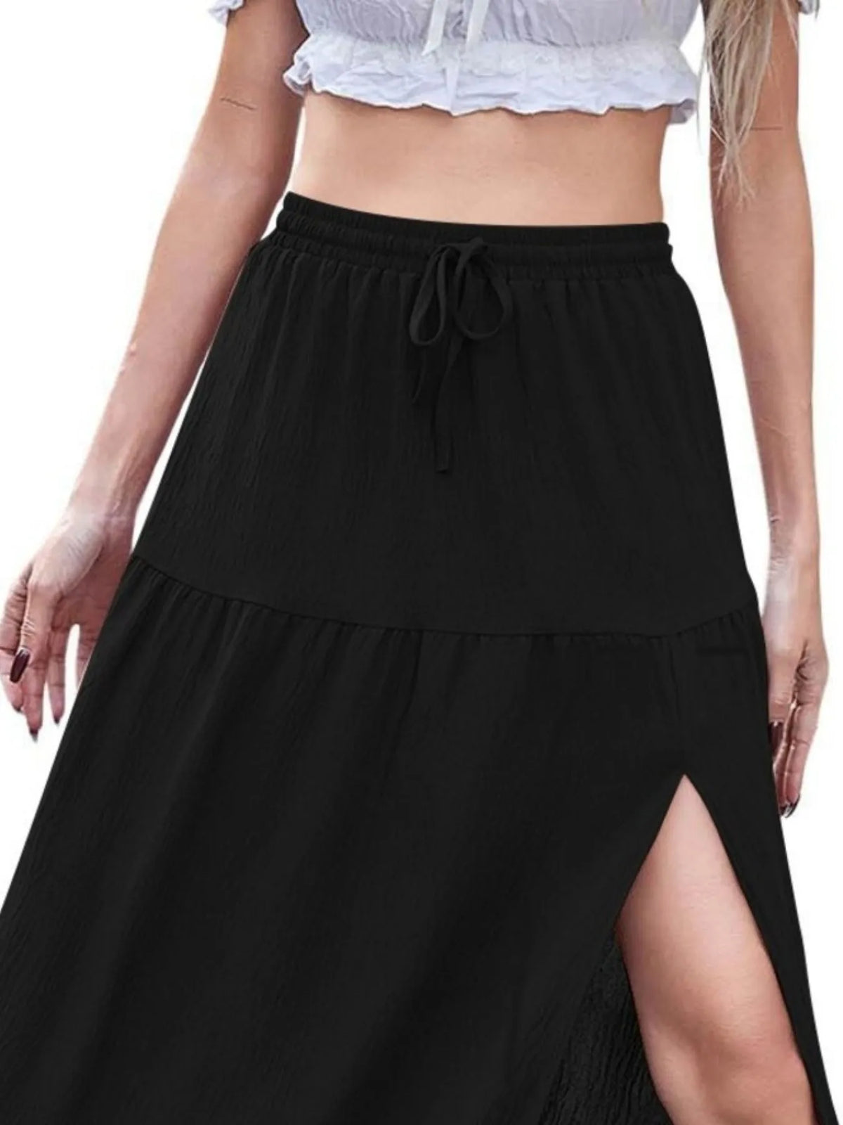 Tiered Ruffled Slit Maxi Skirt