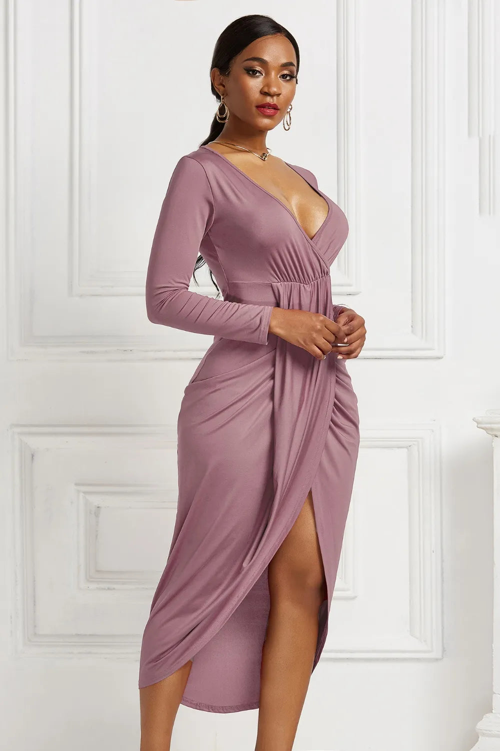 Ruched Surplice Long Sleeve High-Low Dress