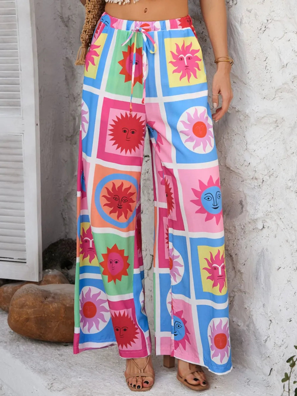 Drawstring Printed Wide Leg Pants