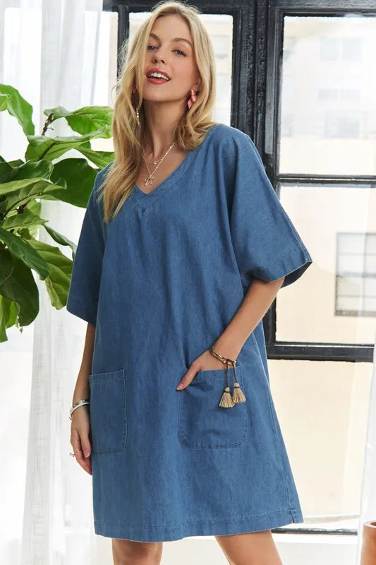 V-Neck Half Sleeve Mini Denim Dress in Peacock Blue in Peacock  Blue