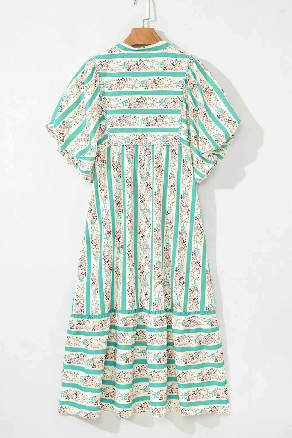 Striped Floral Tie-Neck Puff Sleeve Midi Dress in Sage