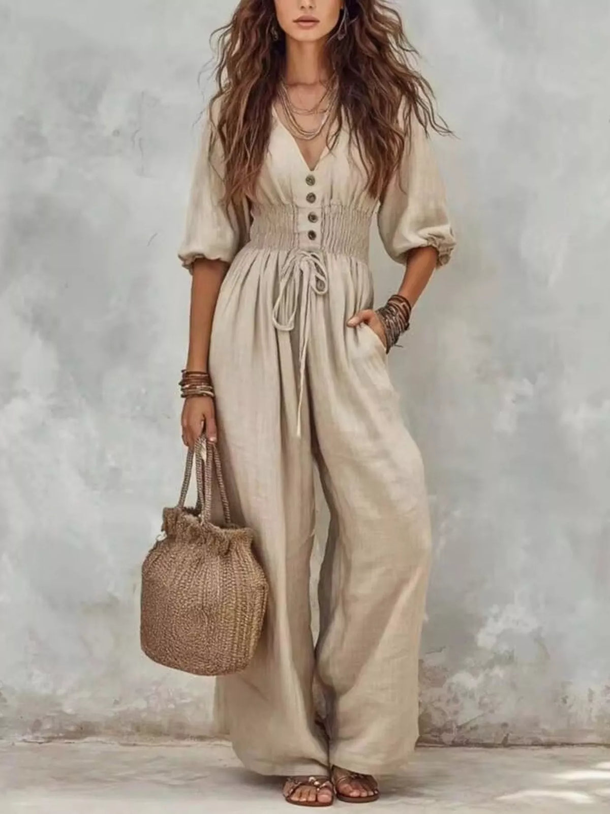 Smocked Waist Wide-Leg Jumpsuit