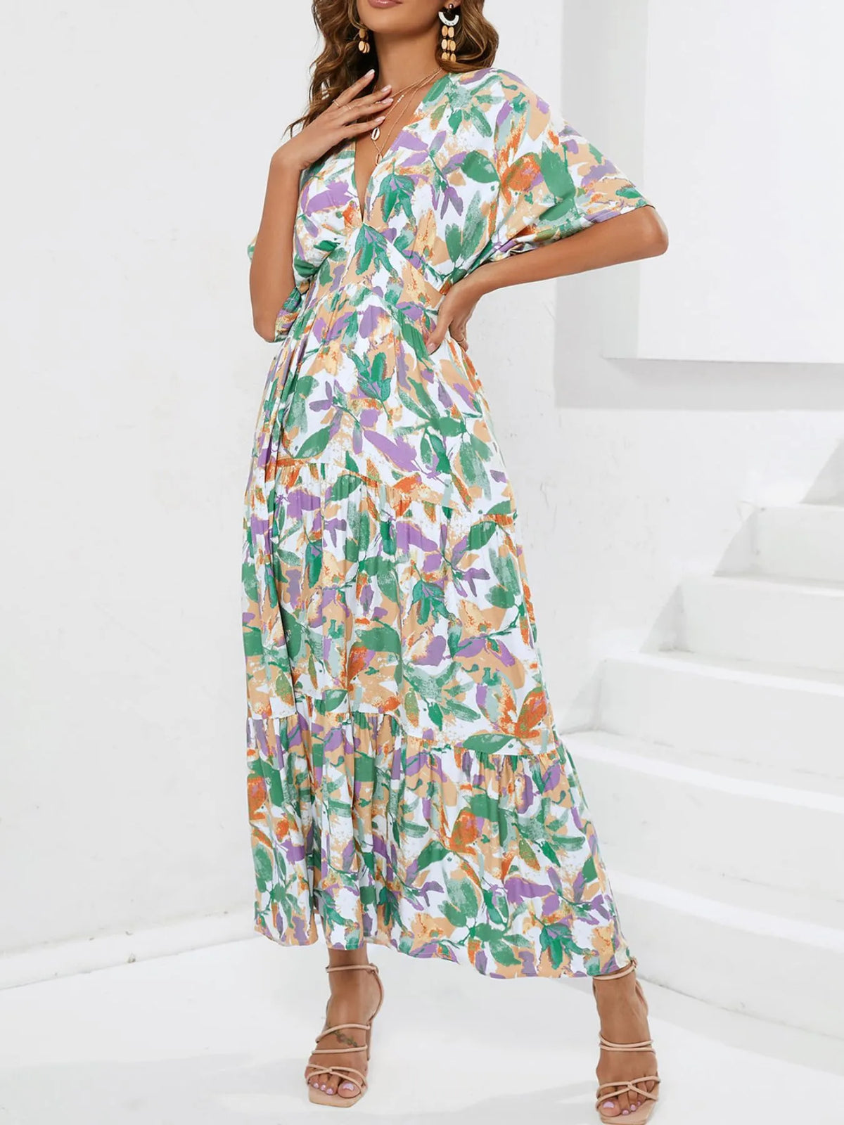 Floral Print V-Neck Boho Midi Dress in Gum Leaf