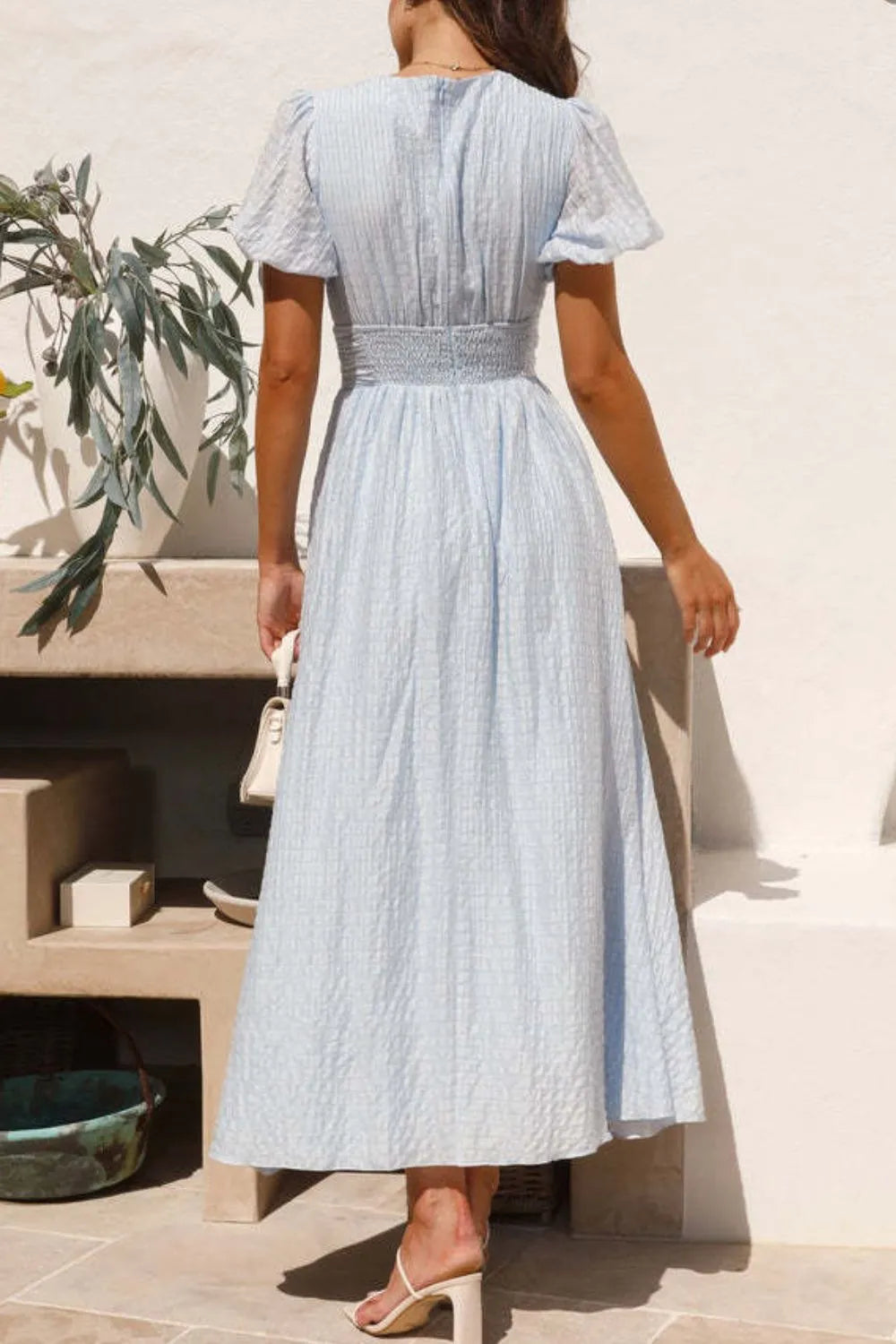 Smocked Puff-Sleeve V-Neck Midi Dress