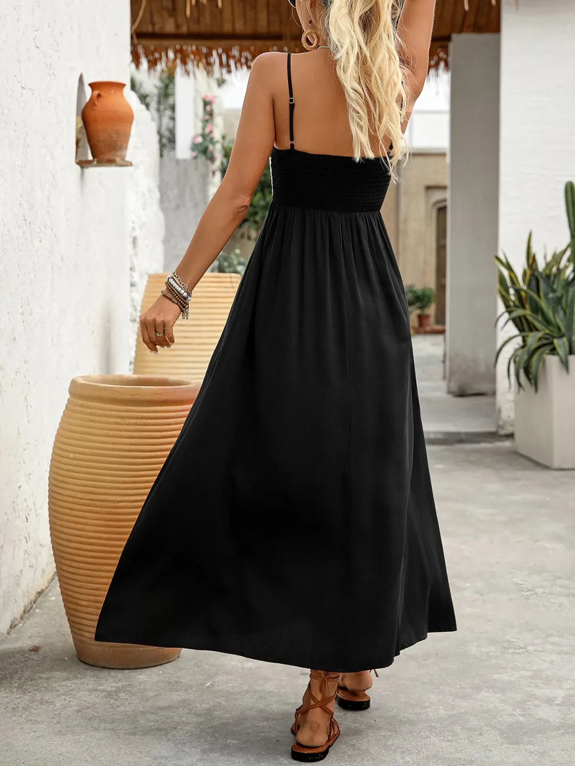 Smocked Cami Midi Dress in Black
