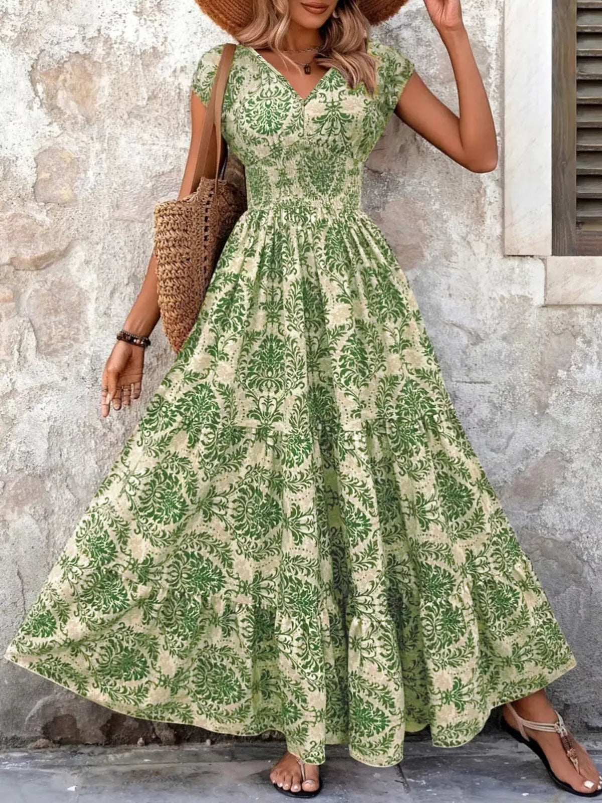Smocked V-Neck Tiered Maxi Dress