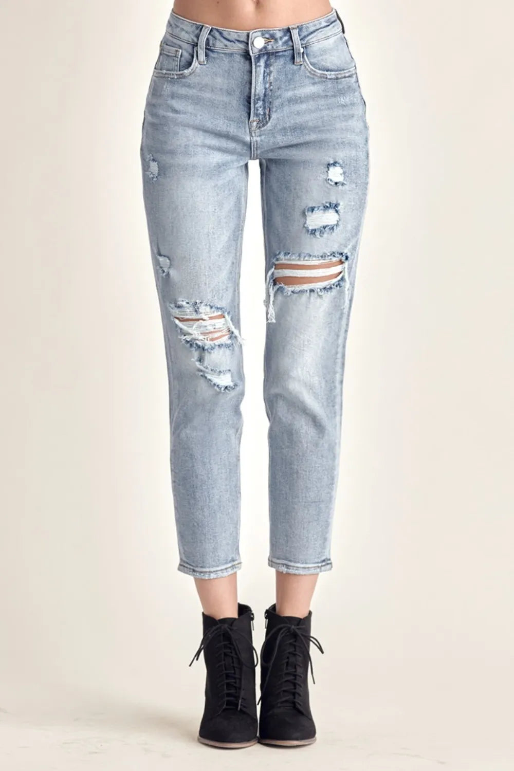 Risen Distressed Slim Cropped Jeans in Medium