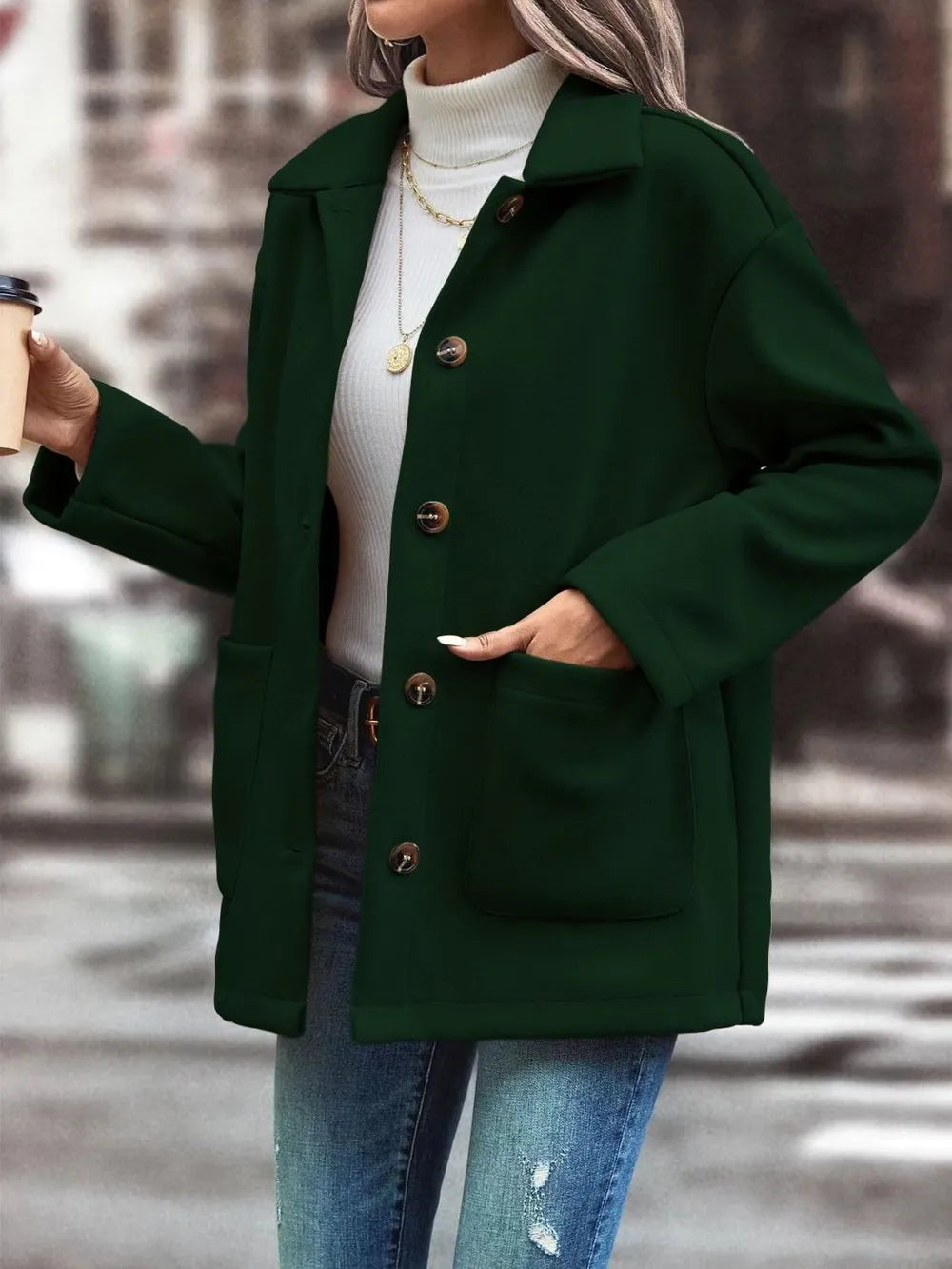 Collared Button-Up Jacket in Black Forest
